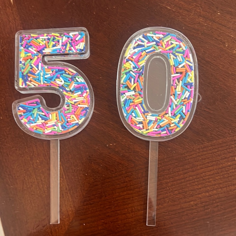 Acrylic cake topper #50 and funny gift of toilet paper.